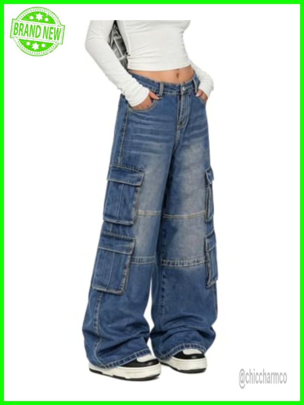 Women's Baggy Cargo Jeans High Rise Wide Leg Cotton Blend Streetwear